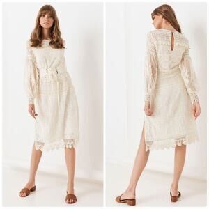 Spell & the Gypsy Cream Dawn adjustable‎ tie-Lace belt Longsleeved Midi Dress XL
